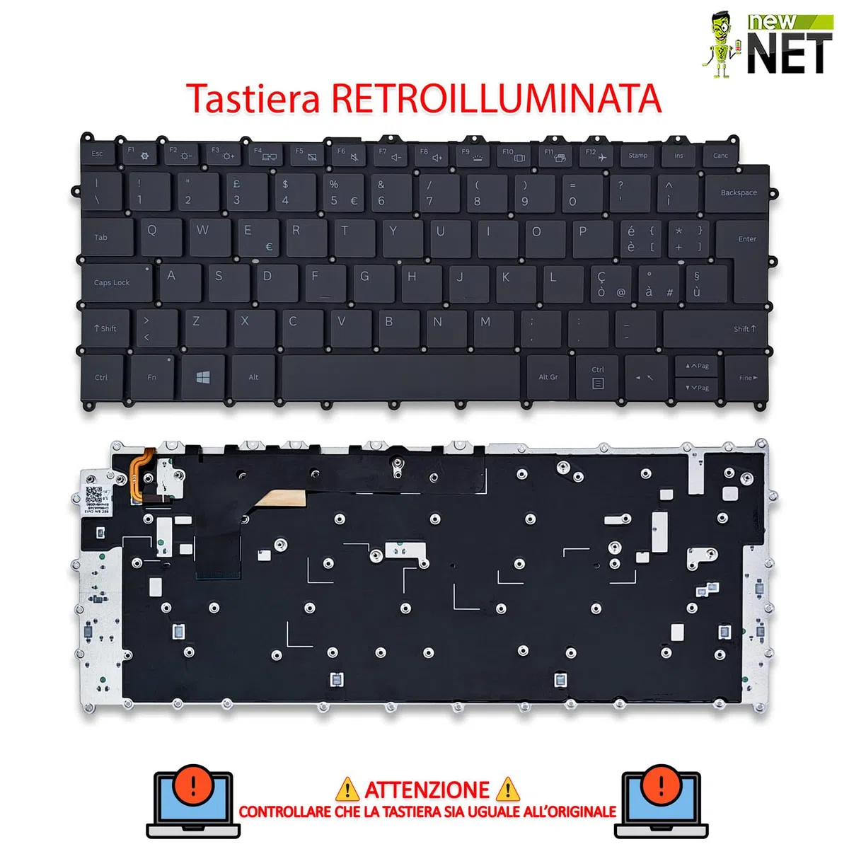 new net - Tastiera compatibile con Samsung Galaxy Book S NP767XCM-K01IT, SM-W767NZNAITV [Senza frame - colore tasti Grigio - Retroilluminata - Layout ITA]