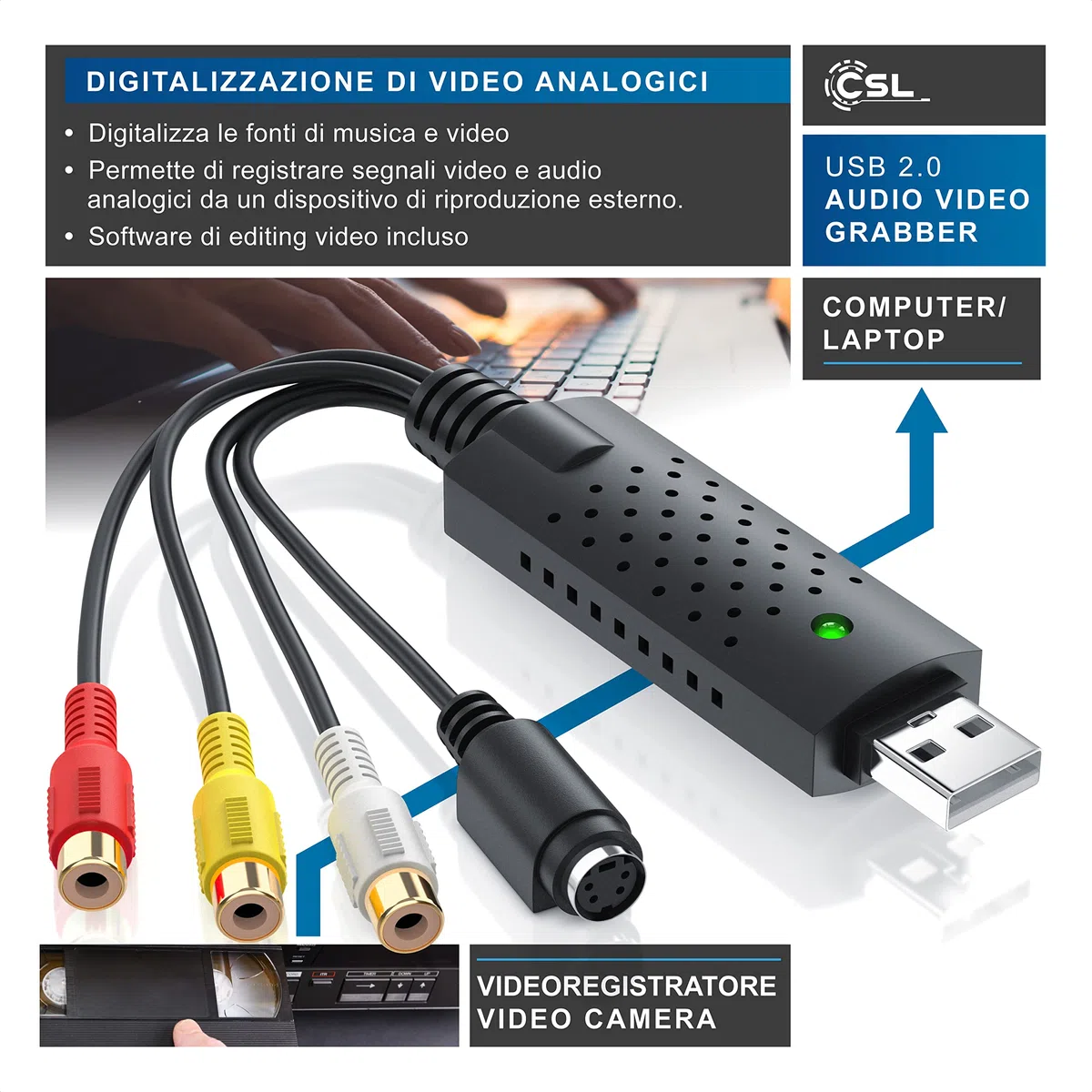 CSL - Grabber Video - Scheda di acquisizione Video USB - Convertitore Analogico Digitale Acquisizione - Nuovo Software - Compatibile con Windows 11