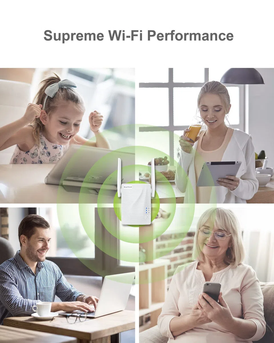 BrosTrend Ripetitore WiFi Potente per Casa, AC1200 WiFi Extender Dual Band Amplificatore Segnale Wi-Fi, 1 Porta LAN Potenziatore Segnale Wi-Fi Compatibile con Tutti i Modem Router Inclusi Fibra e ADSL