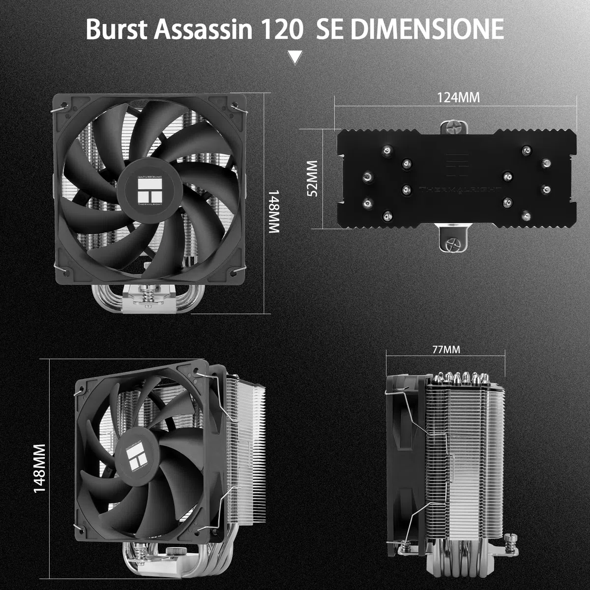 TR Burst Assassin 120 SE Raffreddatore CPU, altezza 148 mm, ventola PWM 120 mm con velocità 1550 RPM, 6 tubi di calore, per Intel 1700/1851/1150/1151/1200, AM4/AM5, raffreddamento PC, nero (BA120SE)