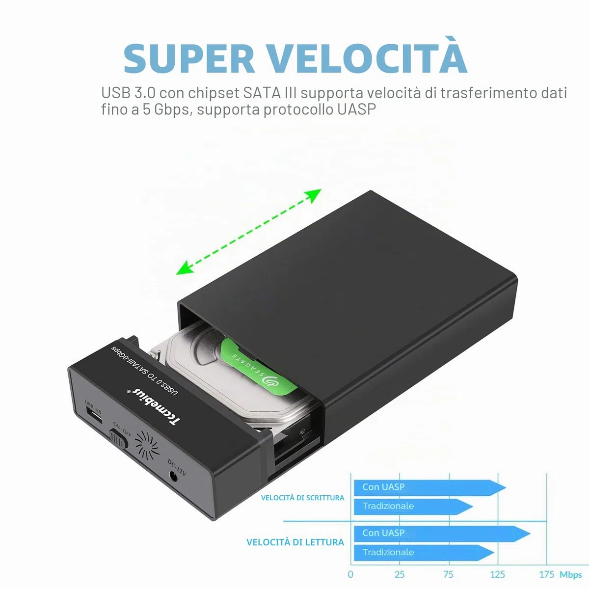 TCC-S863-DE USB 3.0 a SATA Esterno Alloggiamento per Disco Rigido per 2.5 3.5 Pollice HDD SATA I/II/III SSD (Massimo 20TB), Supporta UASP, Sonno Automatico, Installazione Senza Attrezzi