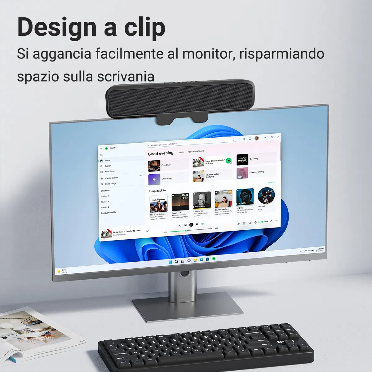 Inwa Cassa PC 10W, Altoparlante USB con clip, Audio stereo HD, Clip per monitor 0.1-1.1’, USB A/C per PC, Laptop, Desktop, Plug and Play (Nero, Tessuto acustico)