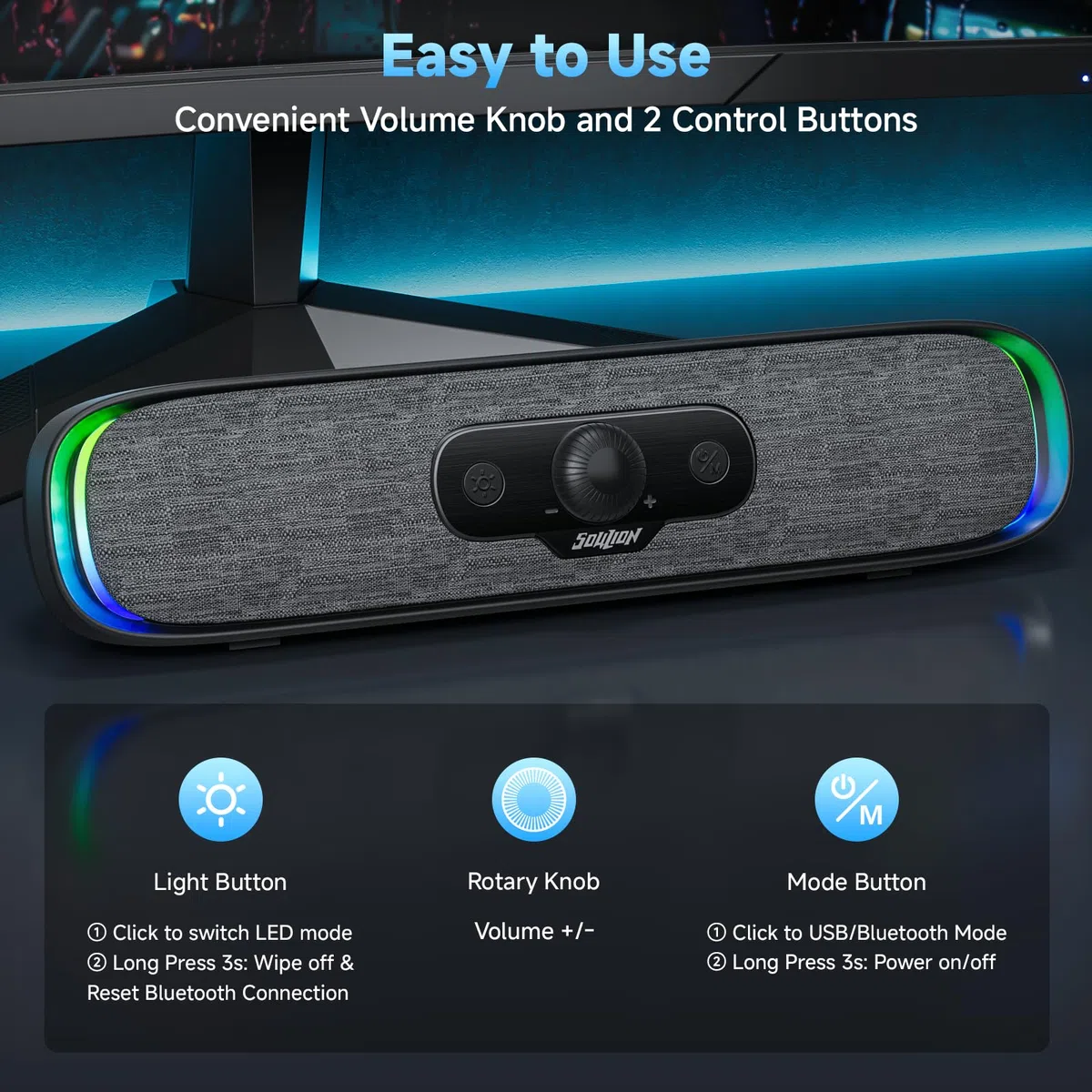 SOULION R200 Soundbar Bluetooth USB Casse per PC, Laptop, Monitor, Altoparlanti compatti con 3 effetti luminosi a LED, Alimentazione Tramite USB-C